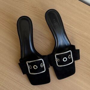 BY FAR Black Kitten Heels with Silver Buckle